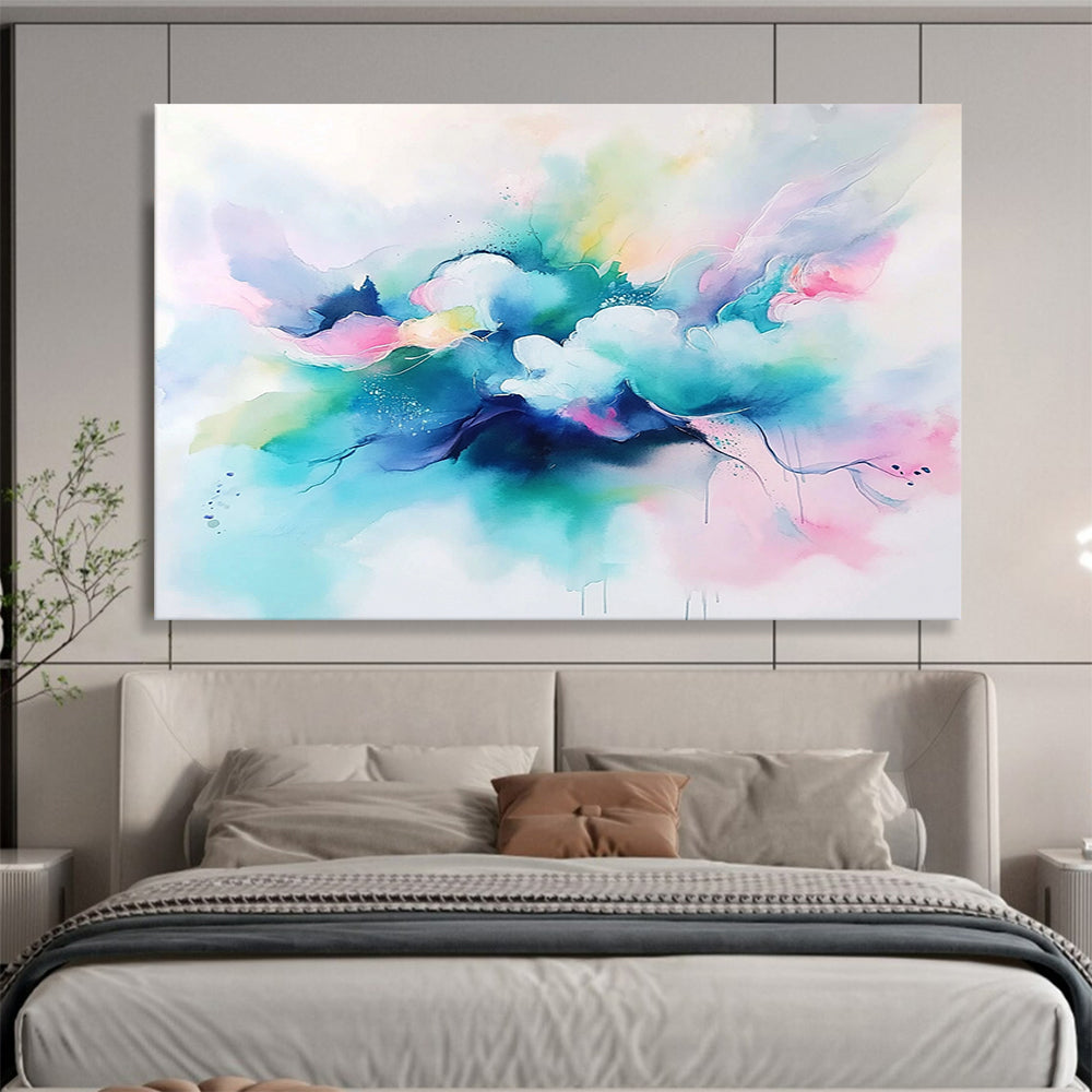“Colorful Cloud Drift” - Blue, Pink, Green, Watercolor - like Abstract Clouds Painting On Canvas HB1046
