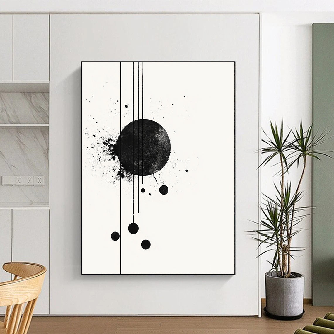 Black Circle with Splatter & Lines - “Elegant Ink Fusion” Painting On Canvas HB238