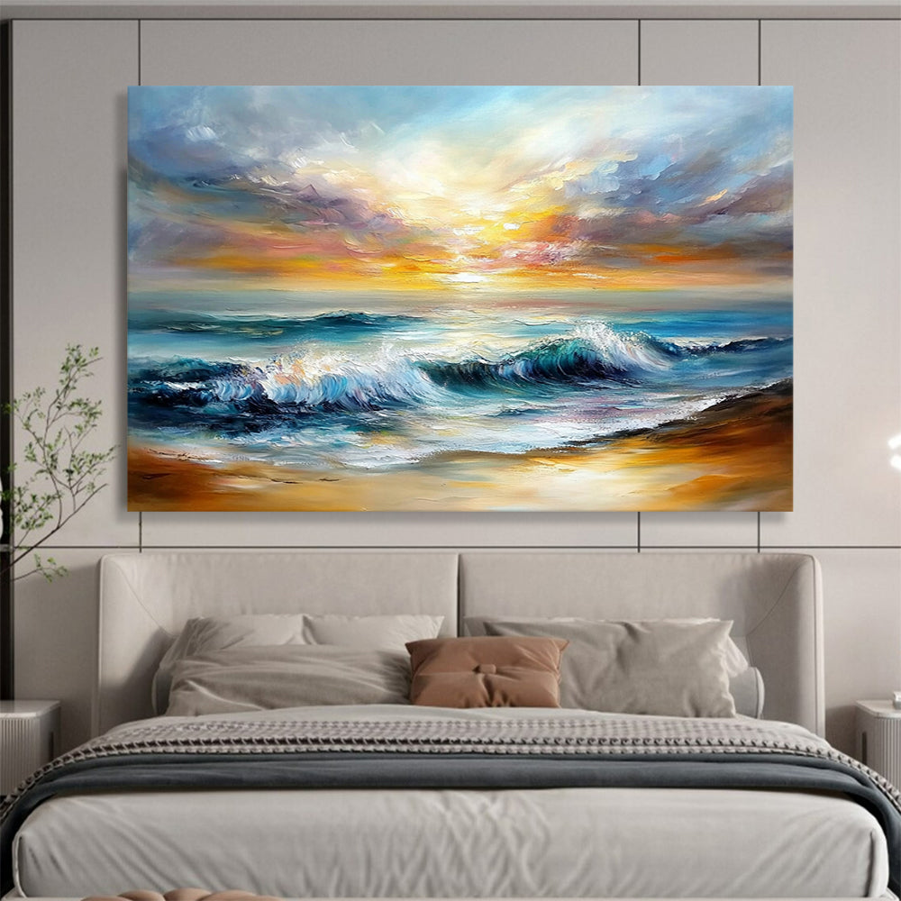 Dynamic Sea Waves Under Colorful Sky - Expressive Impasto Seaside Painting On Canvas HB0443