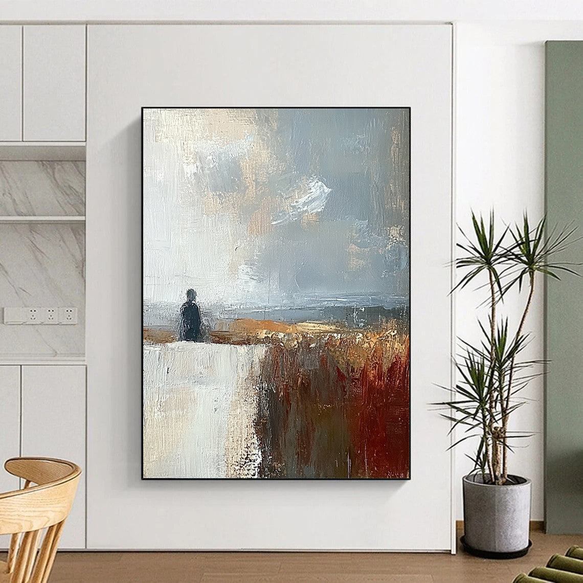 Contemporary abstract painting featuring muted brown grey and blue landscape under a large white sky creating a detailed and moody atmosphere. DLZ0487