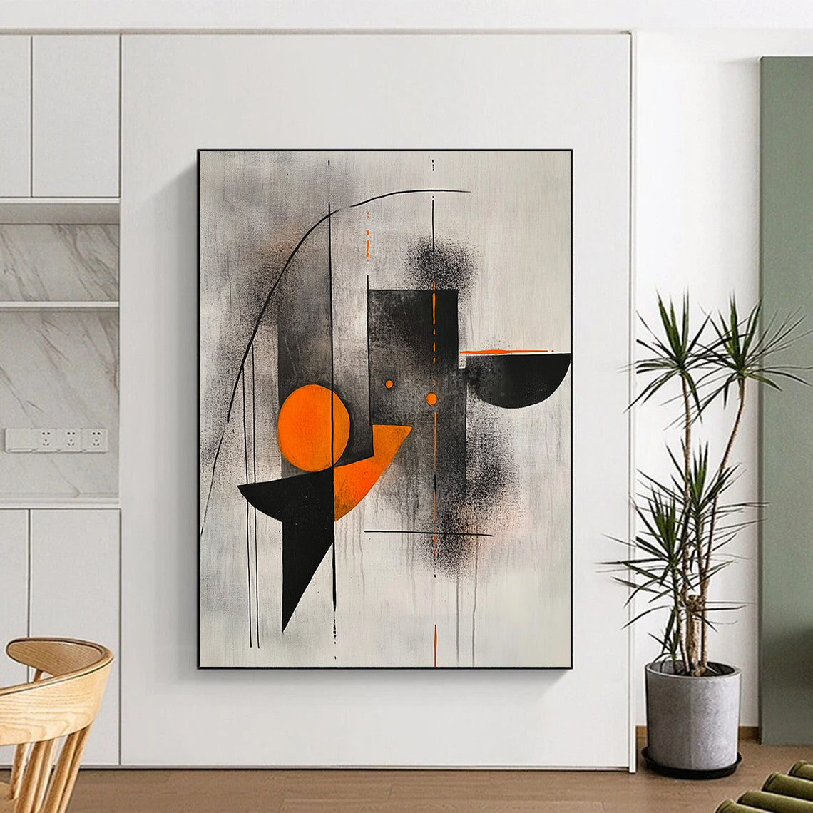 Black, Gray, Orange and White Geometric Abstraction "Harmonious Tension" Painting On Canvas HB327