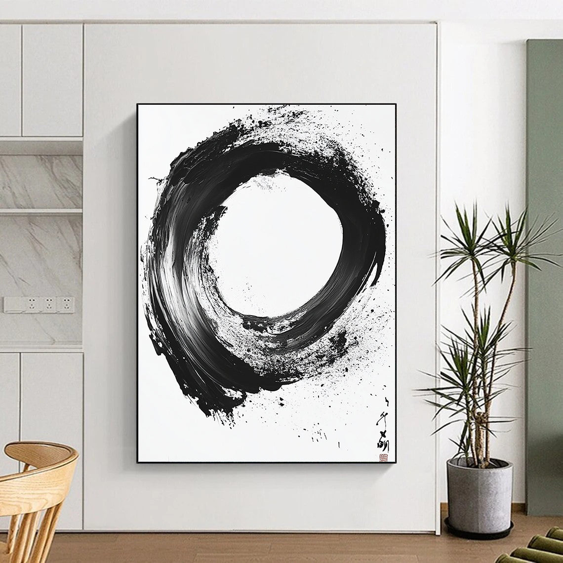 Black and White Textured Circle "Rough Zen" Painting On Canvas HB274