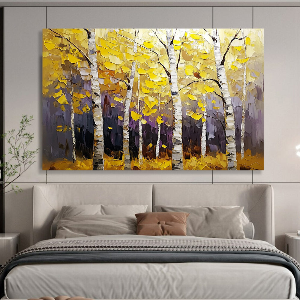 “Colorful Autumn Birch Forest” - Yellows, Purples, Browns, White, Birch Forest - Textured Oil Painting HB1583