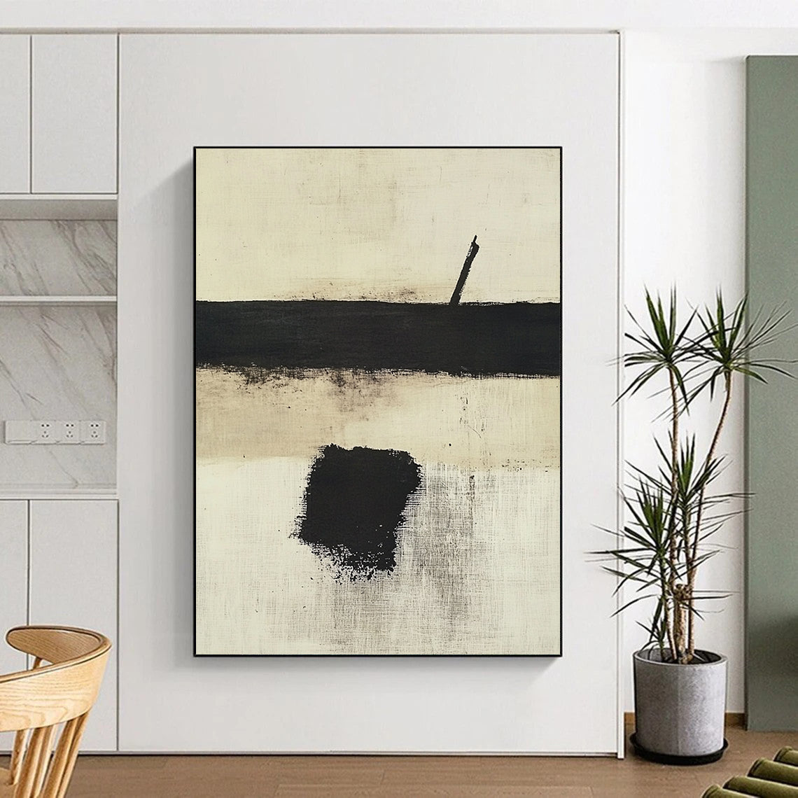 Contemporary hand-painted abstract art featuring a white background with bold black and beige hues and a striking central brush stroke. DLZ0424