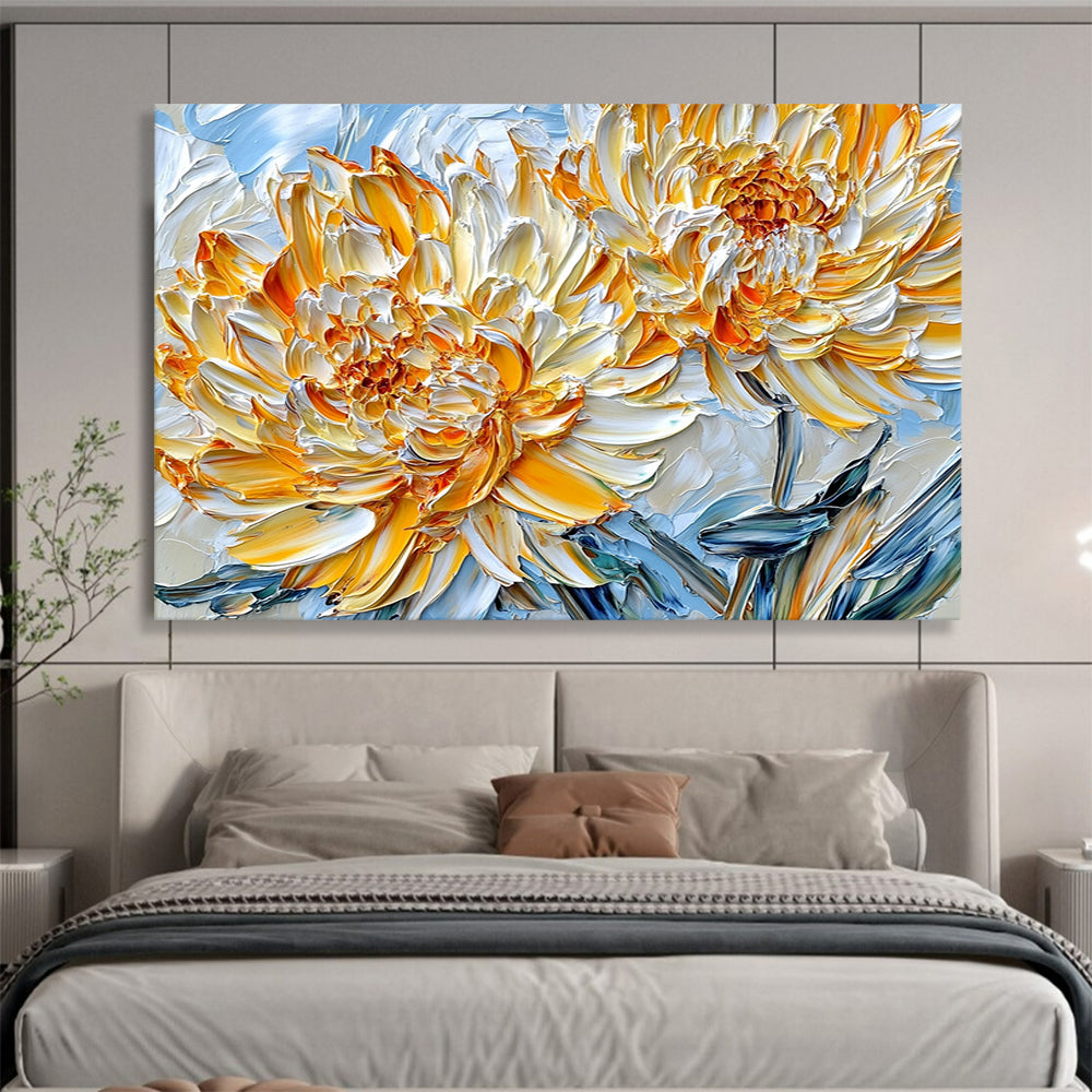 Yellow, White, Orange and Blue Textured Flower "Sunny Petals" Painting On Canvas HB0657