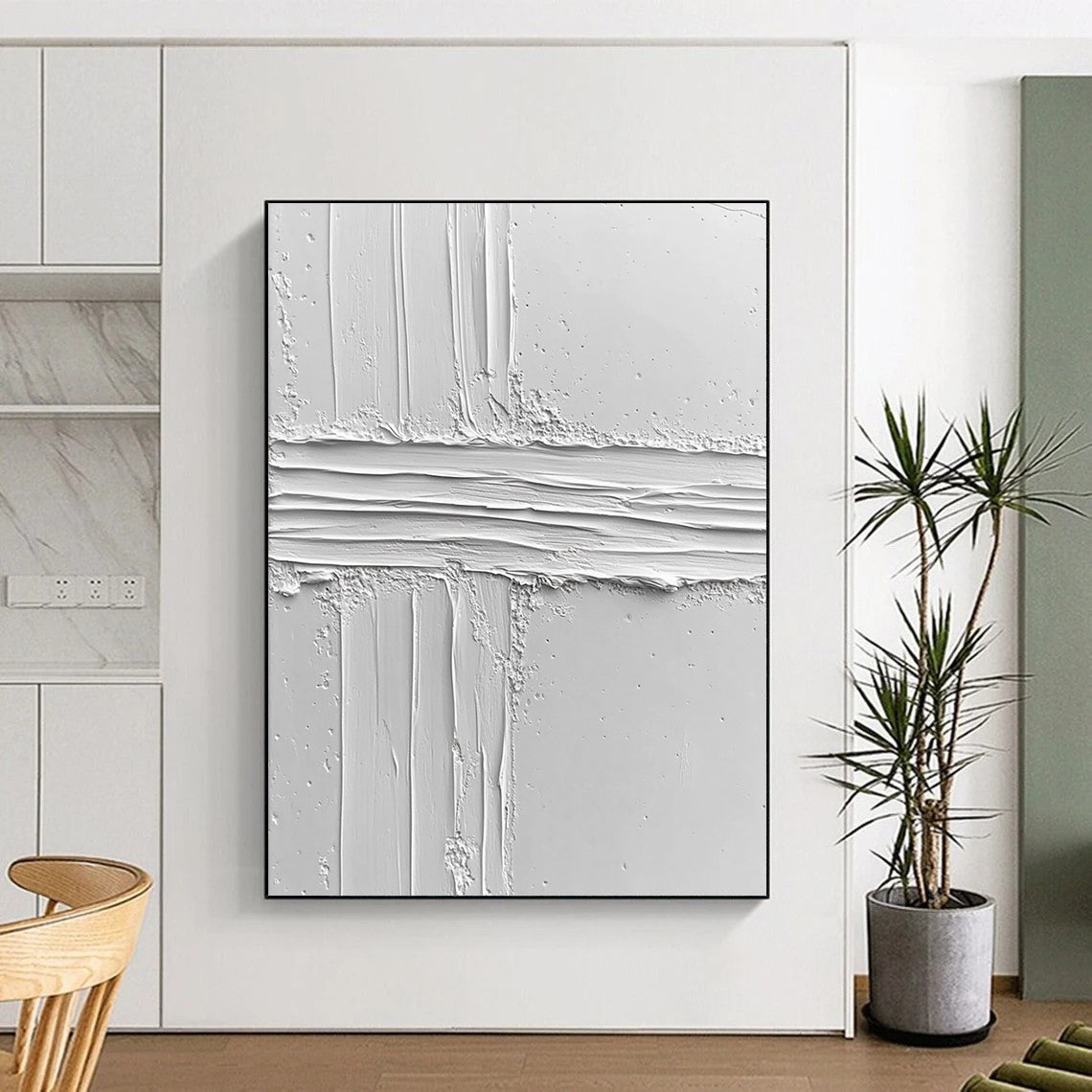 Contemporary abstract art featuring a textured white surface with an irregular line, evoking calmness and minimalism through its impasto technique and clean design. DLZ1261