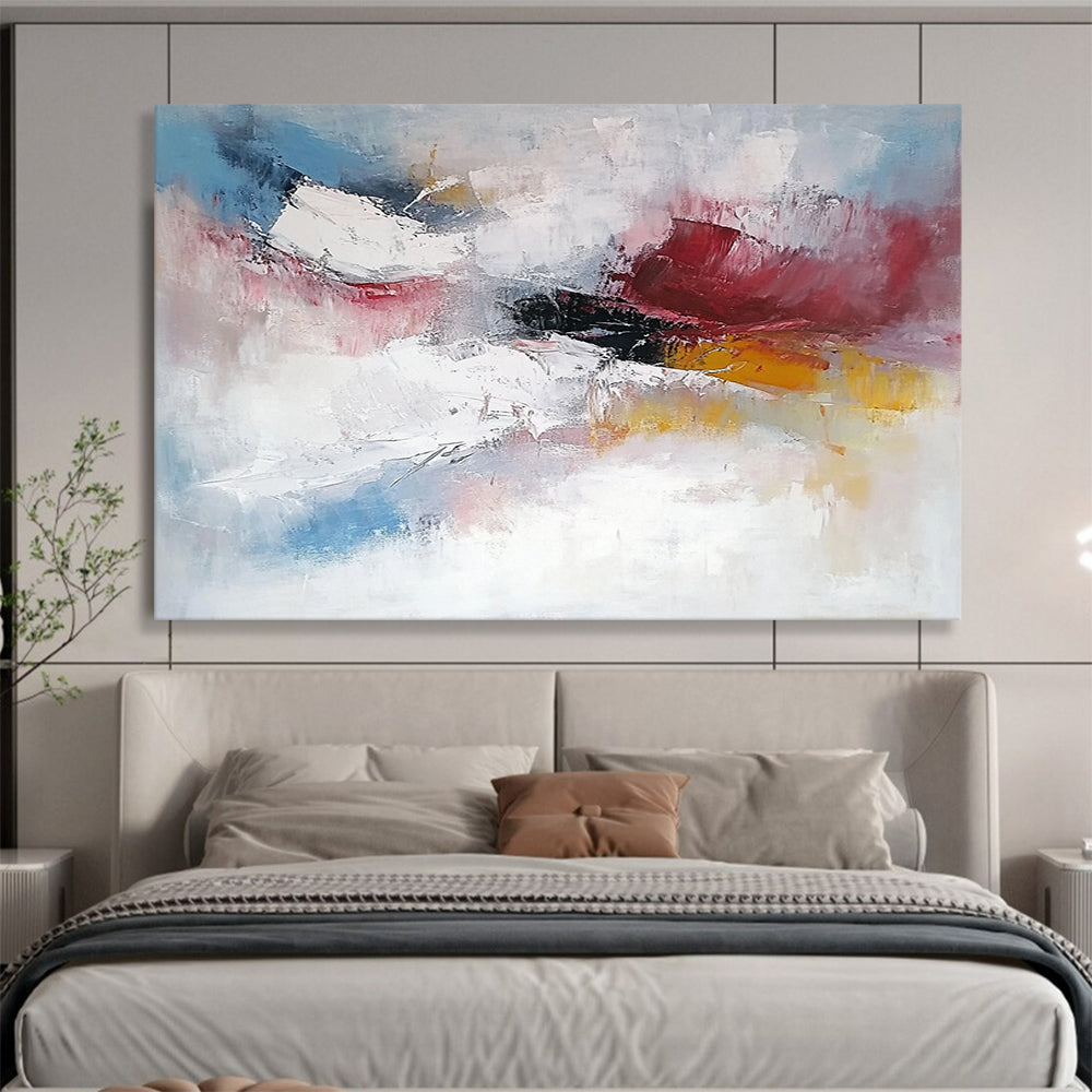 “Soft Abstraction” - Pink, white, blue, yellow; Gentle blended strokes evoke dreamy skies; Pastel Abstract Oil Painting On Canvas HB1170
