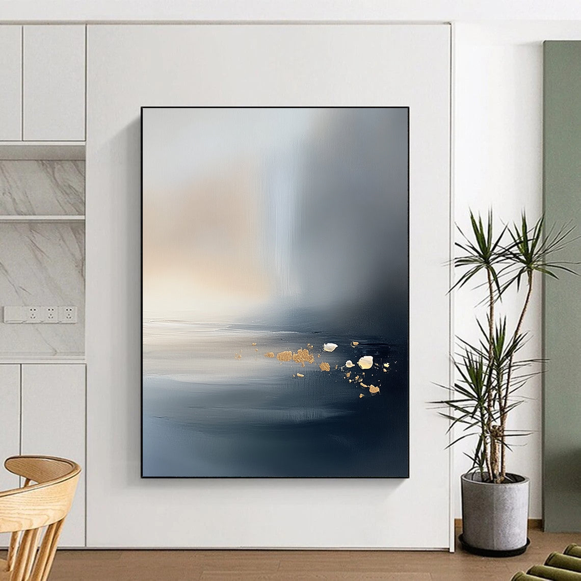 Large contemporary hand-painted abstract artwork featuring a serene misty ocean and sky with neutral tones and subtle gold and silver accents. DLZ0473