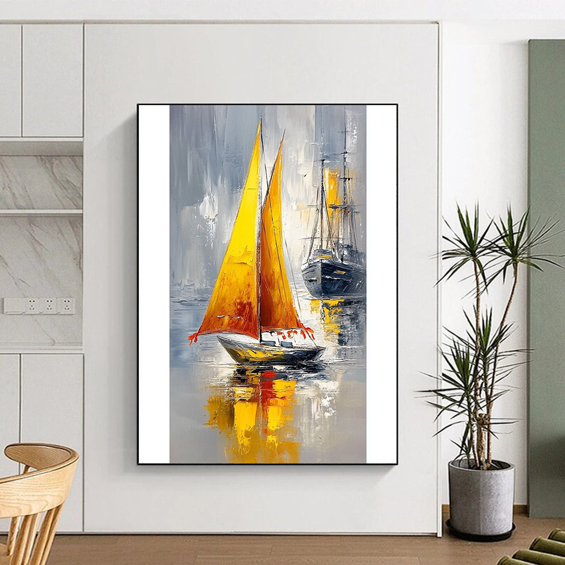 Contemporary hand-painted abstract art featuring a small boat with a yellow sail and orange tassels against a calm sea and gray sky. DLZ1700
