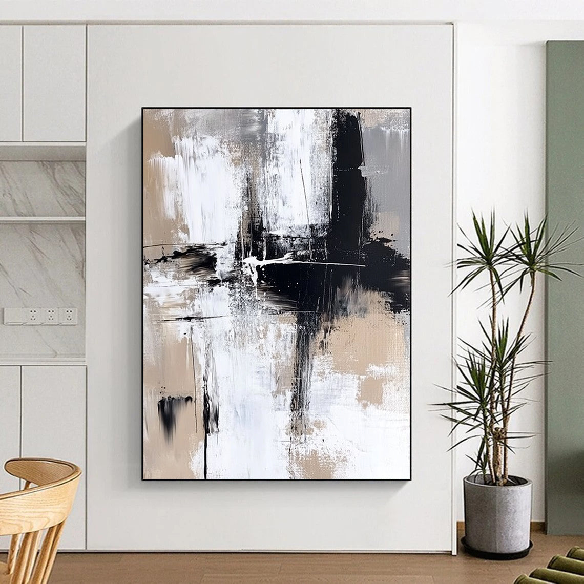 Contemporary hand-painted abstract art featuring bold brush strokes in neutral tones and striking paint splashes for a modern aesthetic. DLZ0306