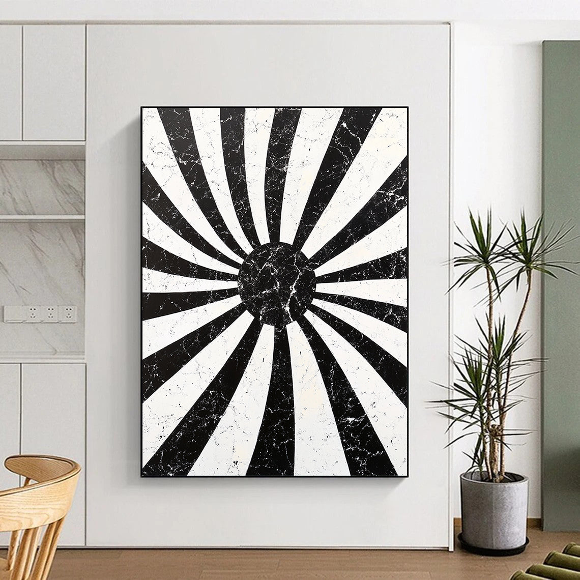 Black, White, Radial Stripes "Marbled Sunburst Radials" Abstract Geometric Painting On Canvas HB178