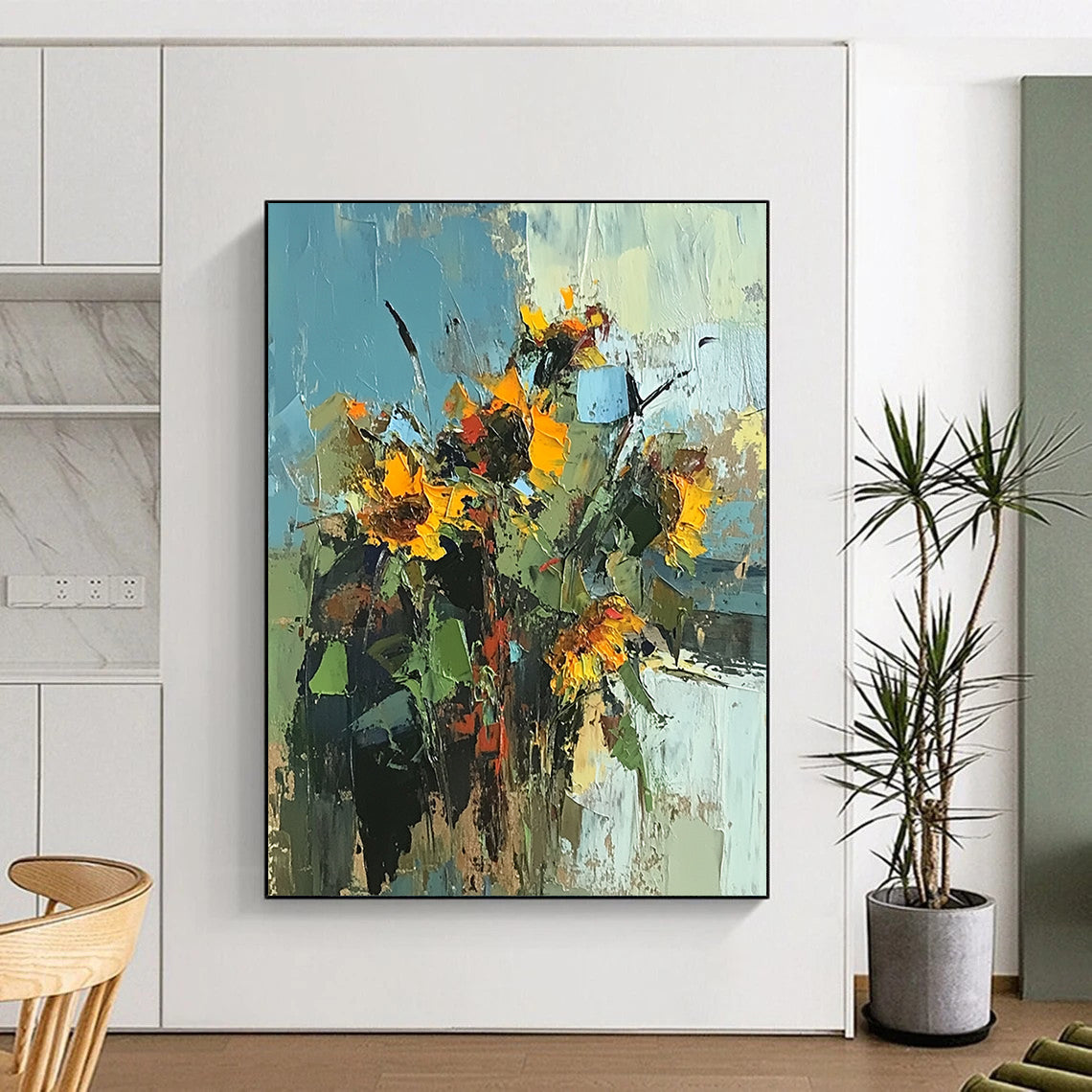 Contemporary palette knife sunflowers painting features vibrant colors on a white background, inspired by Peter Wileman's unique style and artistry. DLZ1127