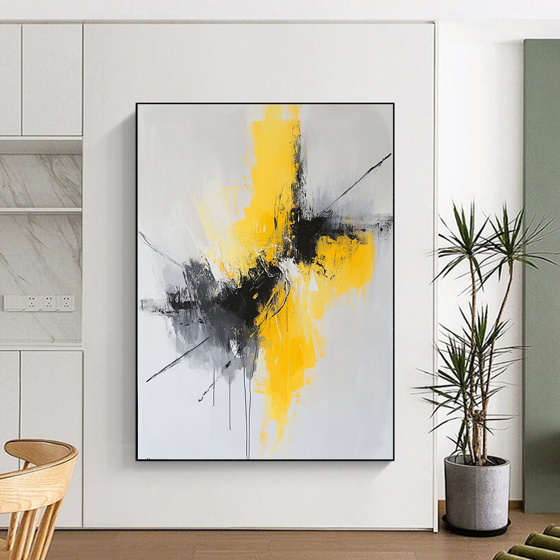 Gray, Yellow, Black, Dynamic Strokes "Vivid Surge" Abstract Expressionist Painting On Canvas HB051