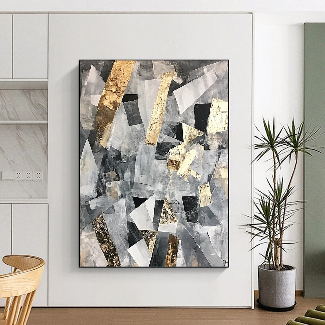 Gray, Black, White and Gold Abstract Collage "Urban Mosaic" Painting On Canvas HB369