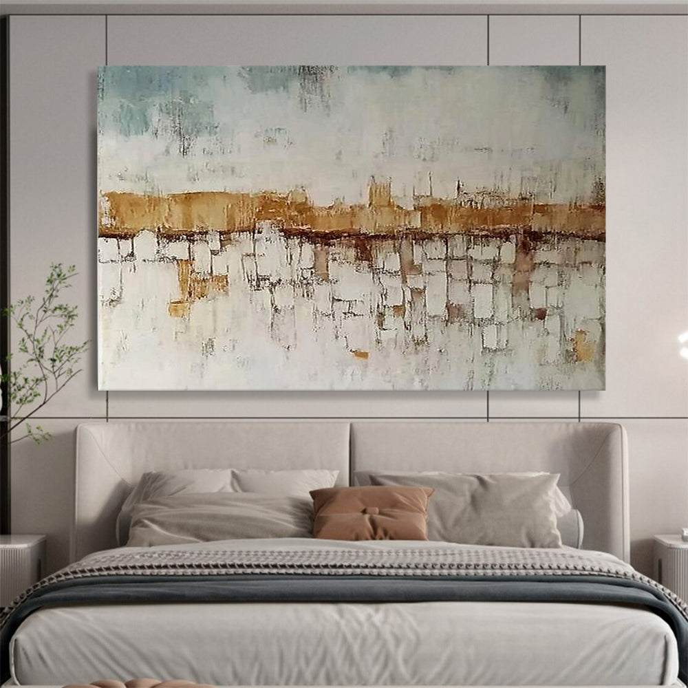 Blue, White and Brown Abstract Cityscape "Hazy Horizon" Painting On Canvas HB0417