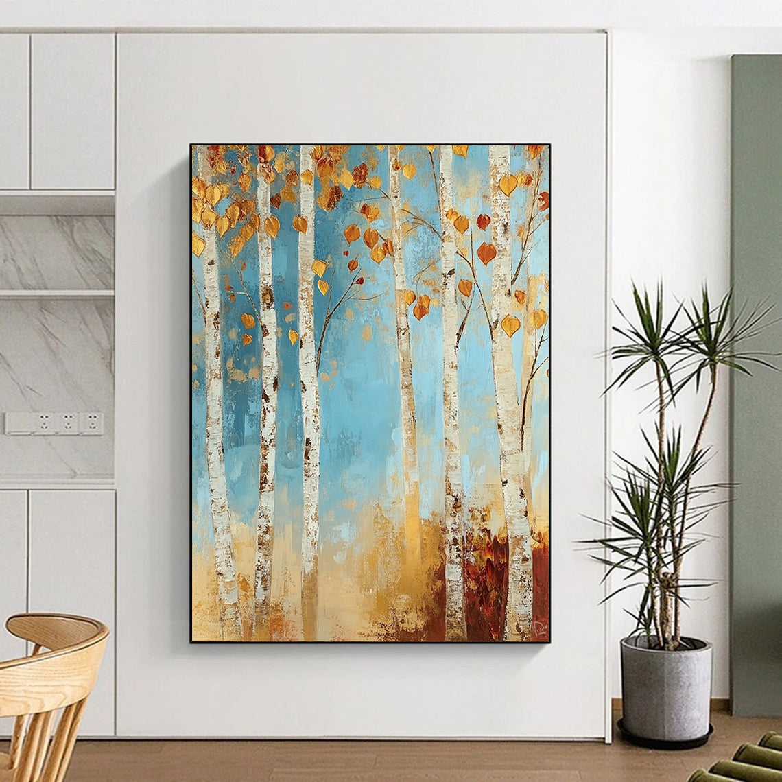 Contemporary abstract painting featuring a tranquil birch forest with autumn hues in soft blues and golds, adding warmth to your space. DLZ1456