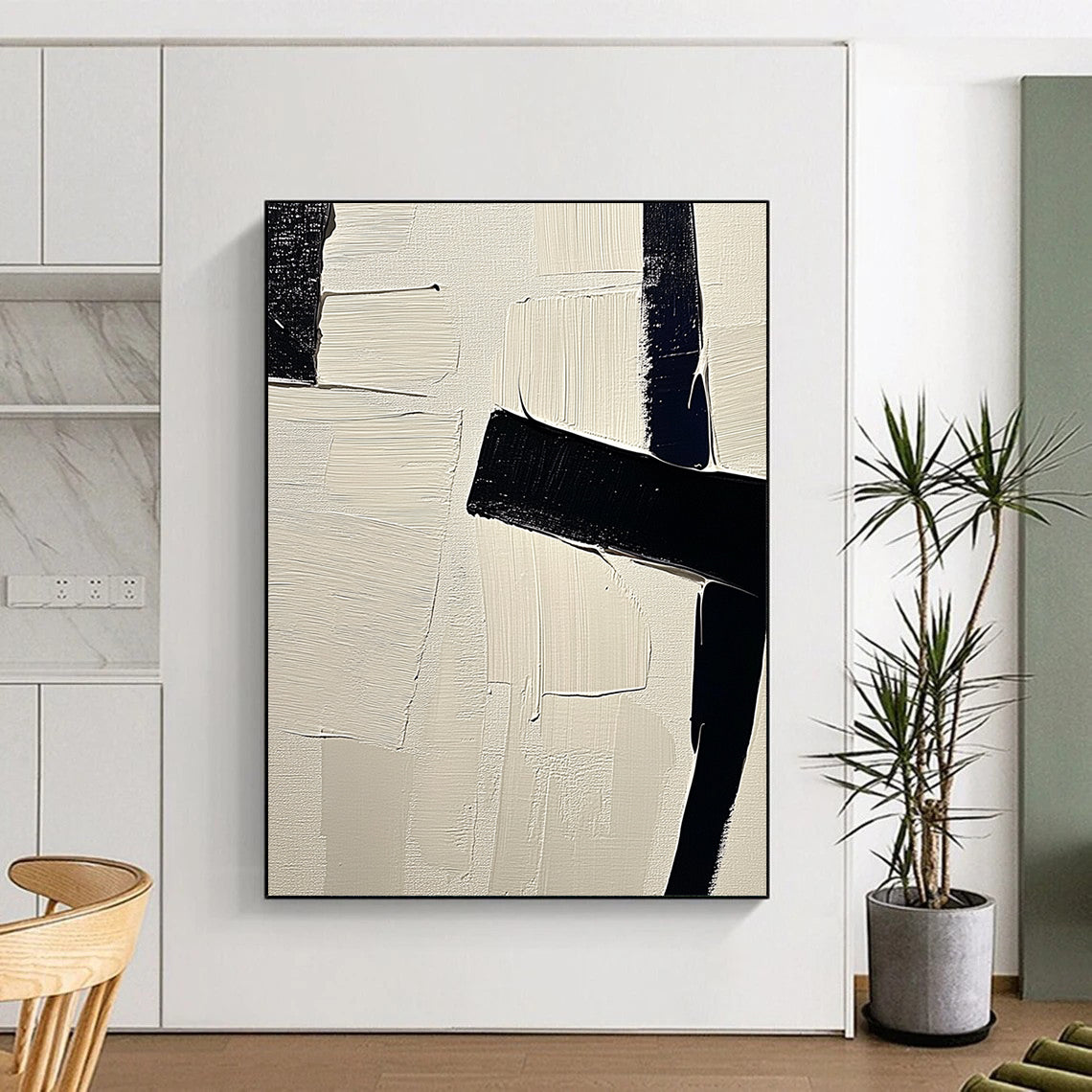 Contemporary abstract painting featuring high contrast low saturation colors irregular shapes and tranquil white space with dark blue edges and subtle gray depth. DLZ1731