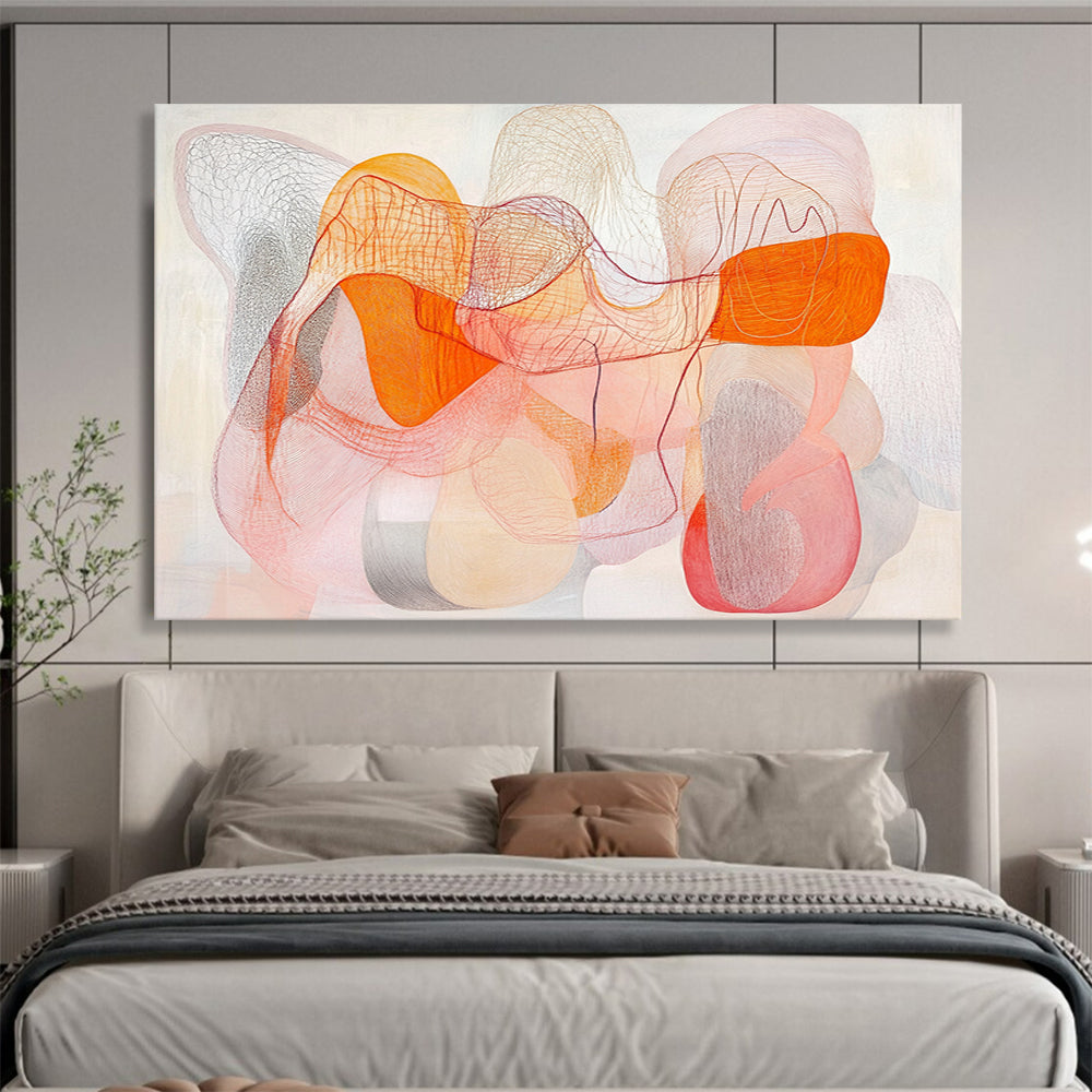 “Colorful Mesh Abstract” - Orange, Pink, Gray with Interwoven Lines - Painting On Canvas HB1367