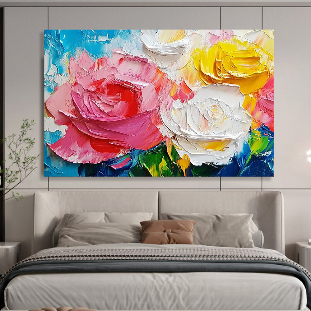 “Colorful Rose Impasto” - Pink, Yellow, White, Blue - 3D Rose Bouquet - Impasto Painting HB1302