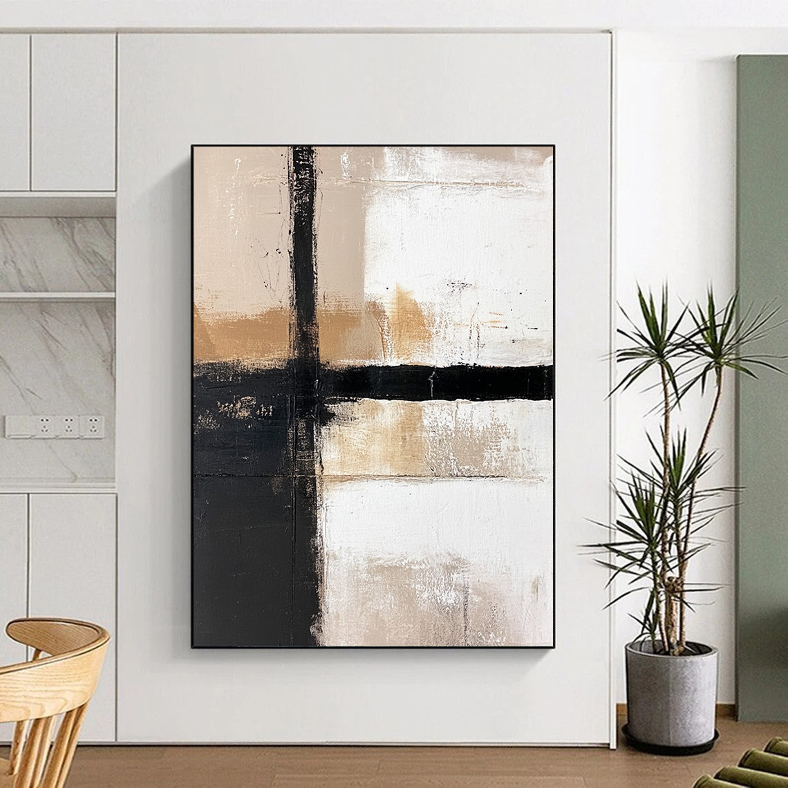 Contemporary hand-painted abstract artwork featuring a white background, bold black lines, and striking brown and beige color blocks. DLZ1650