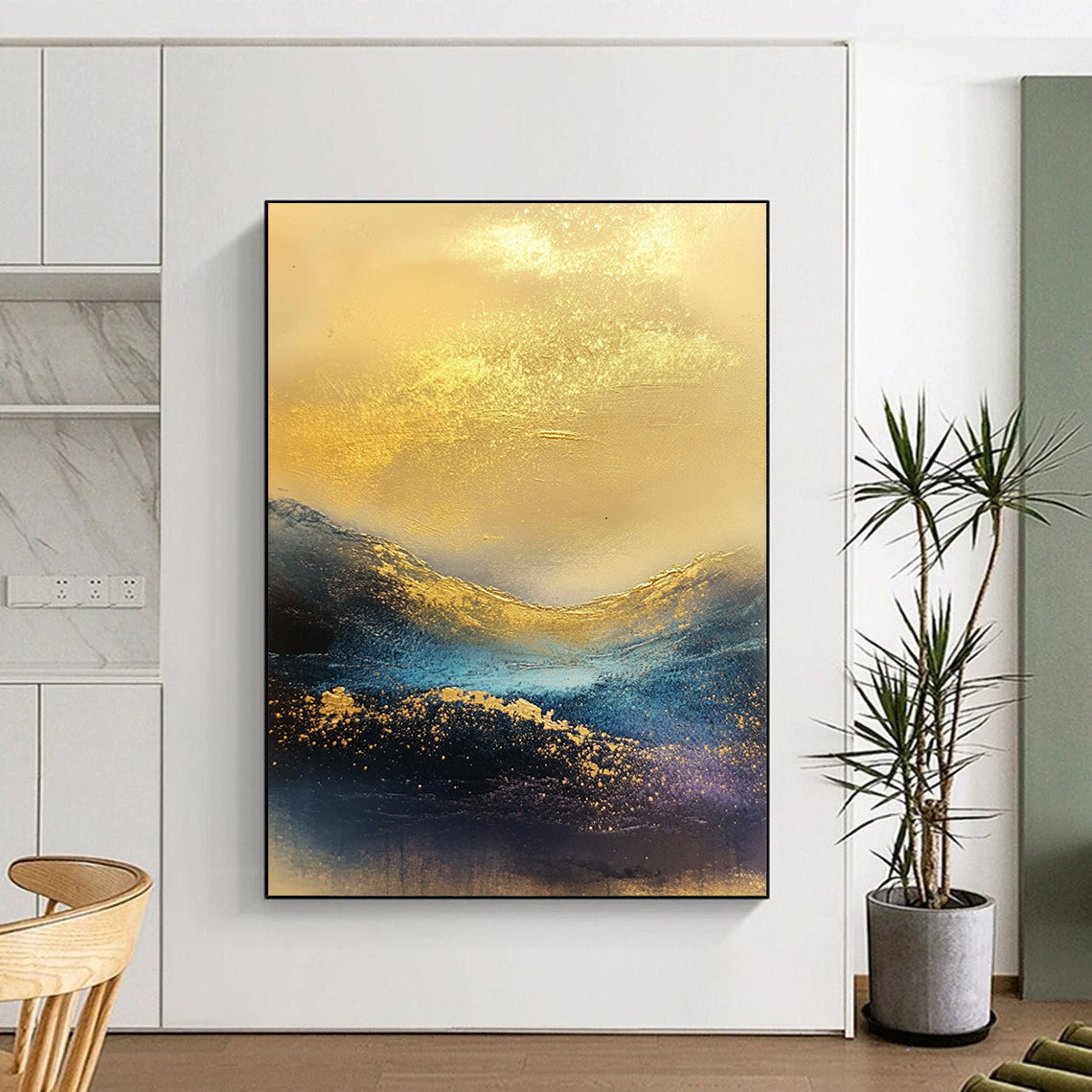 Contemporary abstract painting featuring waves of golden and blue hues, atmospheric textures, ideal for modern decor. DLZ0421