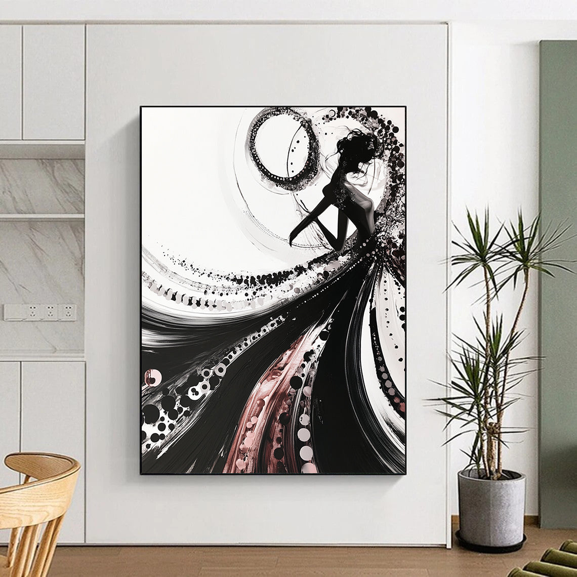 Black, White, Pink, Swirling Silhouette "Elegant Ink Silhouette" Abstract Figurative Painting On Canvas HB176