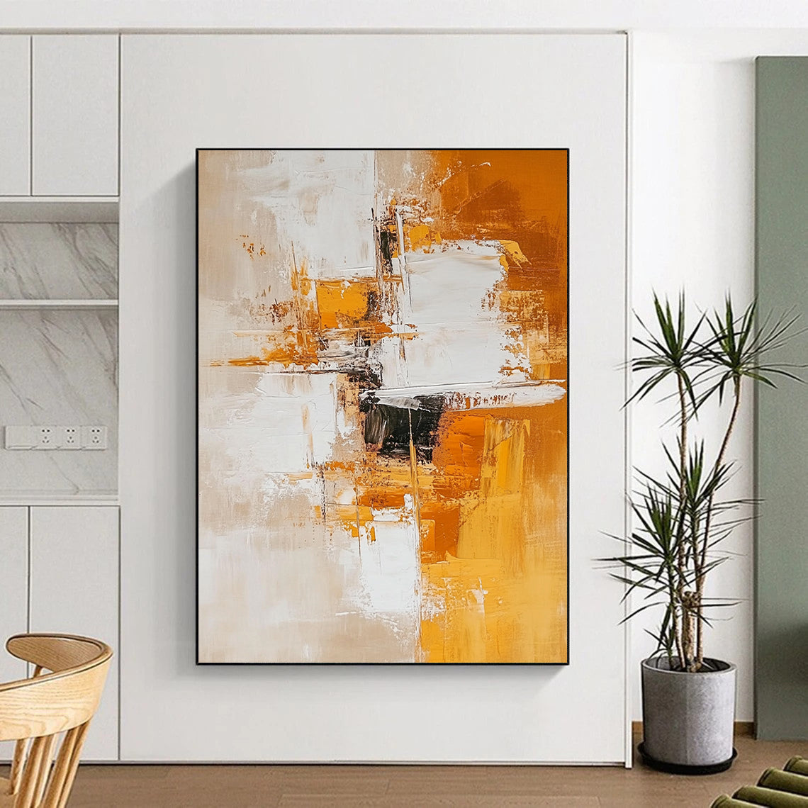 Contemporary hand-painted abstract artwork featuring white and amber tones with geometric shapes creating depth and calmness on a light orange background. DLZ0777