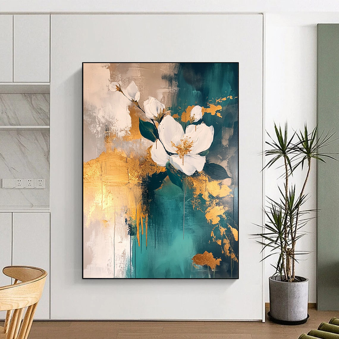 Contemporary abstract painting featuring atmospheric gold leaf accents with teal and white tones and layered flowers on a neutral background. DLZ0502
