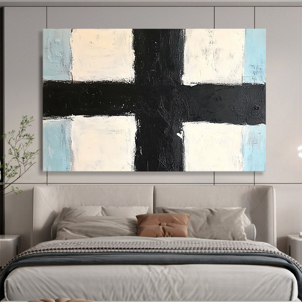 “Black Cross Geometry” - Black, White, Blue, Minimalist Abstract Geometric Painting On Canvas HB1074