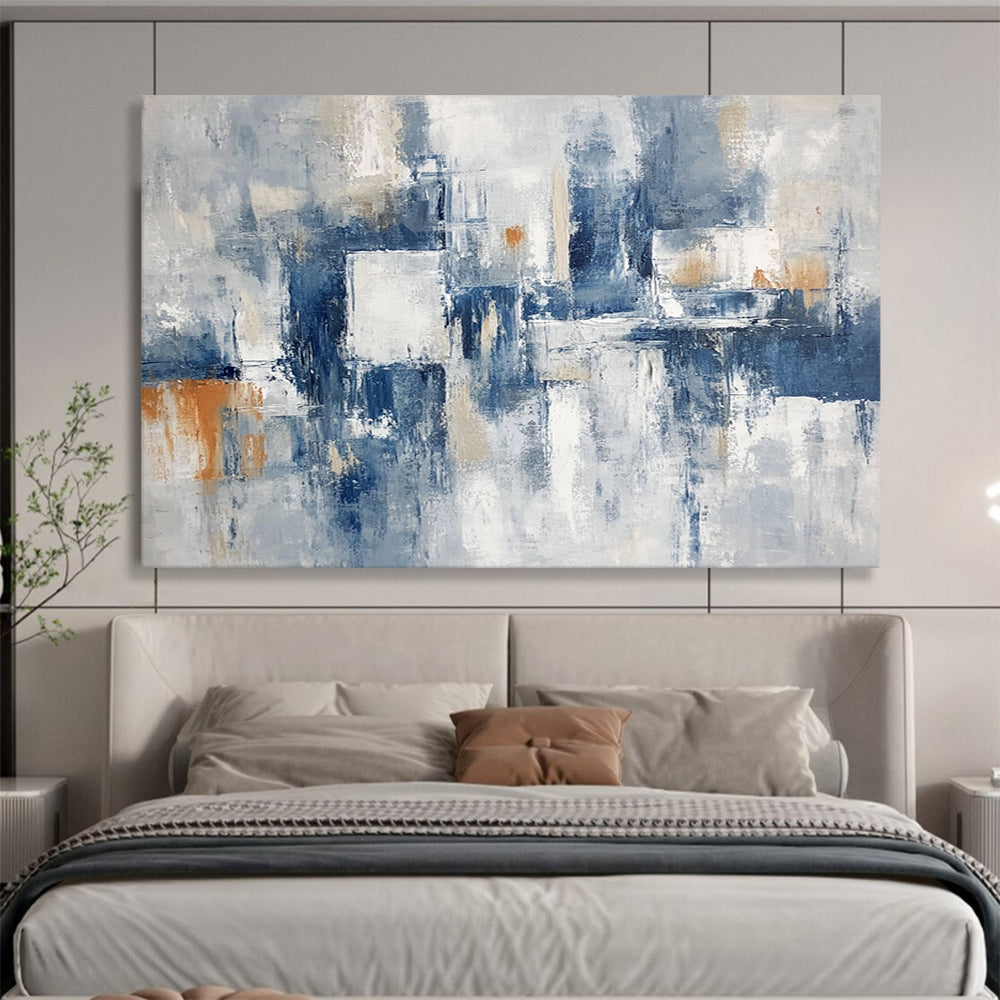 “Gray - Blue Abstract with Orange Accents” - Gray, Blue, White, Orange, Abstract Shapes Painting On Canvas HB0834