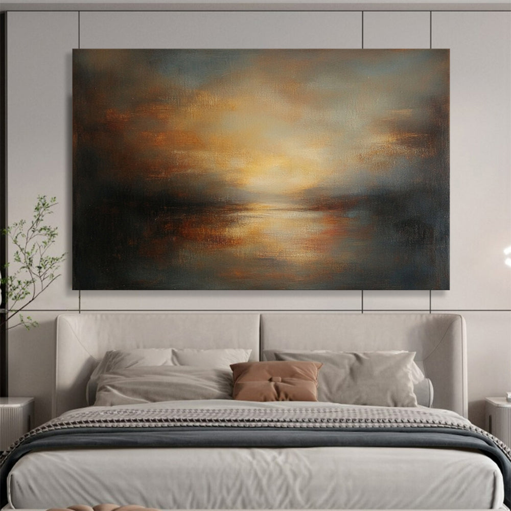 “Rustic Lake at Dusk” - Browns, Oranges, Yellows, Greys, Lake Sunset - Abstract Oil Painting HB1574