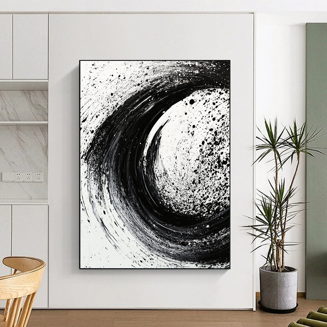 Black and White Swirling Splatter "Cosmic Tempest" Painting On Canvas HB281