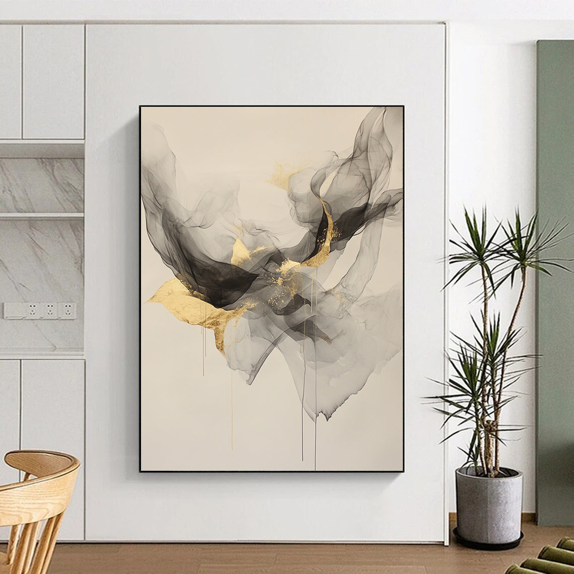 Beige, Gray, Gold, Flowing Shapes "Ethereal Elegance" Abstract Painting On Canvas HB025