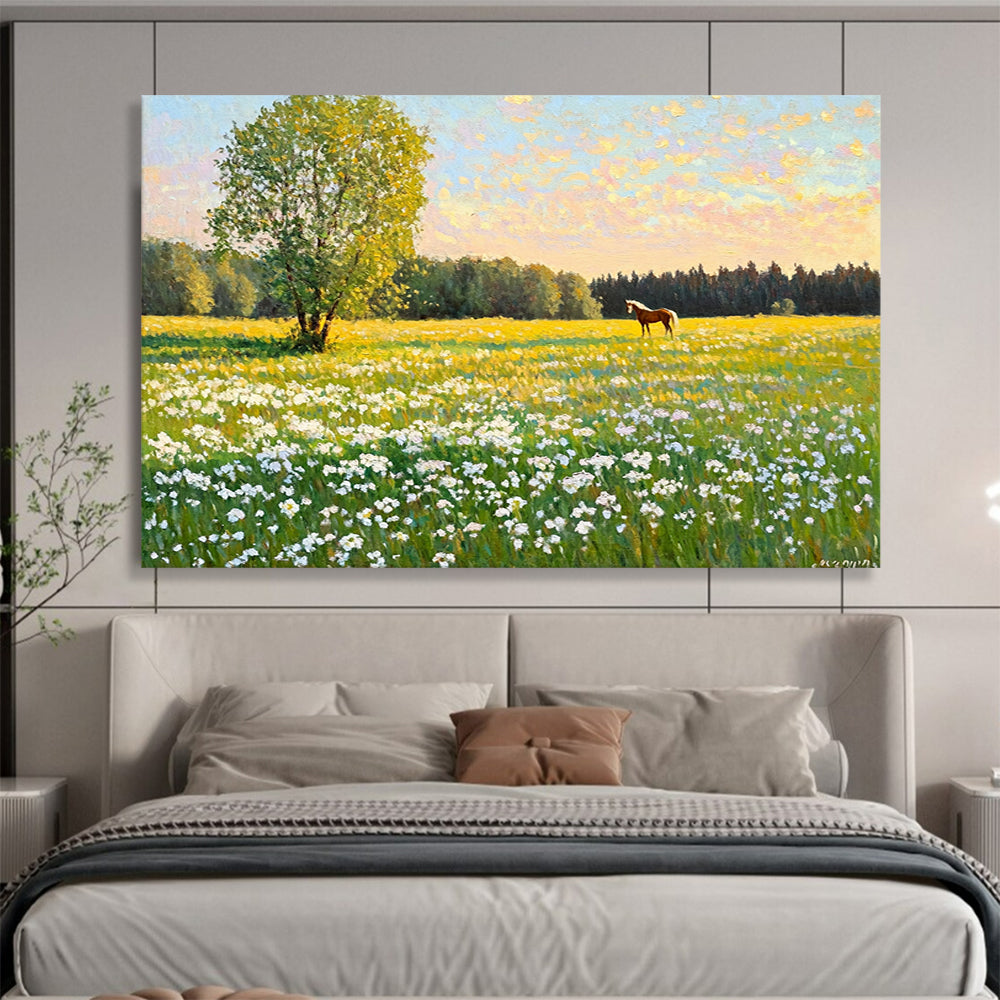 “Sunlit Field with Tree and Horse” - Bright Greens, Yellows, Blues, Field with Tree and Horse - Realist Oil Painting HB1688