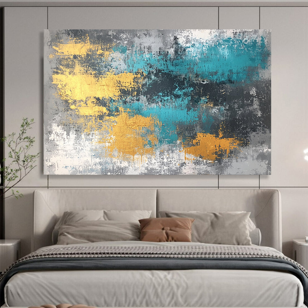 “Gold Teal Gray Abstract Textures” - Gold, teal, gray; Abstract with textured brushstrokes HB1286