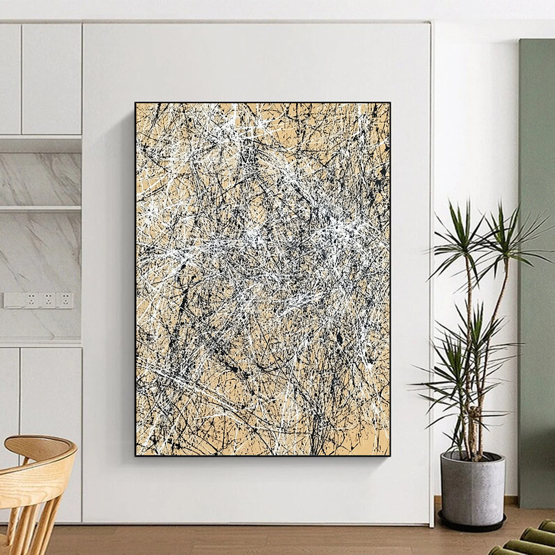 Contemporary hand-painted abstract art features intricate light brown and black crosshatching creating energetic movement and depth on canvas. DLZ0985