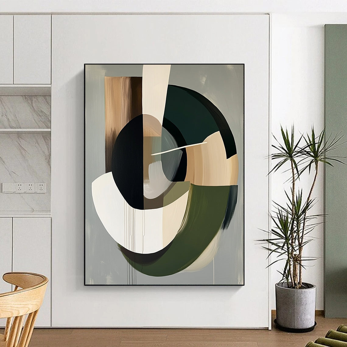 Contemporary abstract artwork features organic dark brown shapes with a grey background and soft neutral accents for a serene atmosphere. DLZ1051