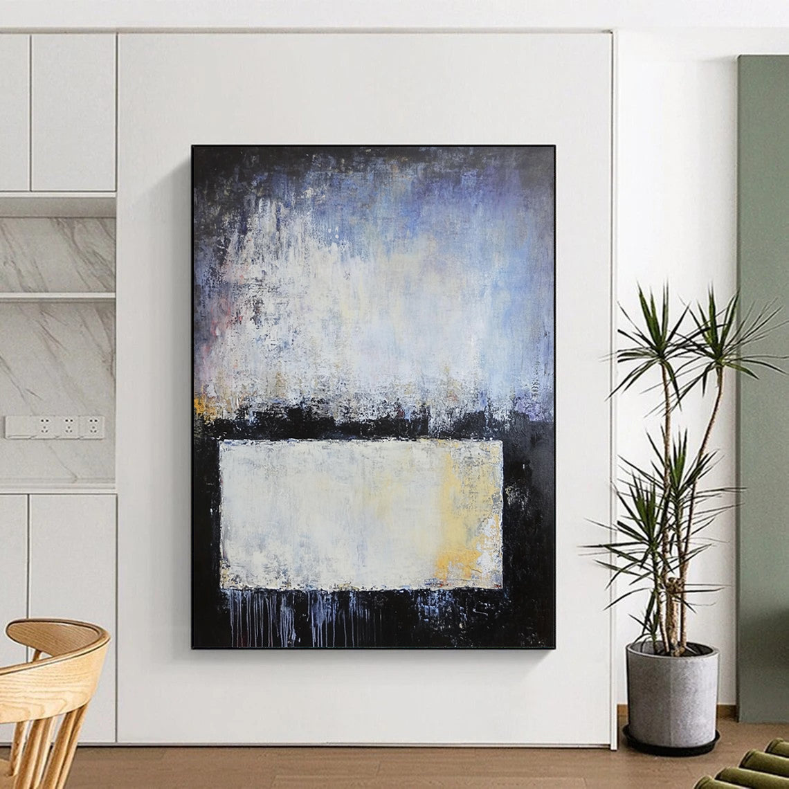 Contemporary hand-painted abstract artwork with blue gray and white layers soft edges textured metal elements evokes calmness and contemplation. DLZ0752