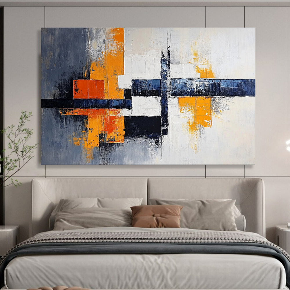 “Vibrant Crossroads” - Orange, Blue, Gray, Geometric Abstract Painting On Canvas HB1040