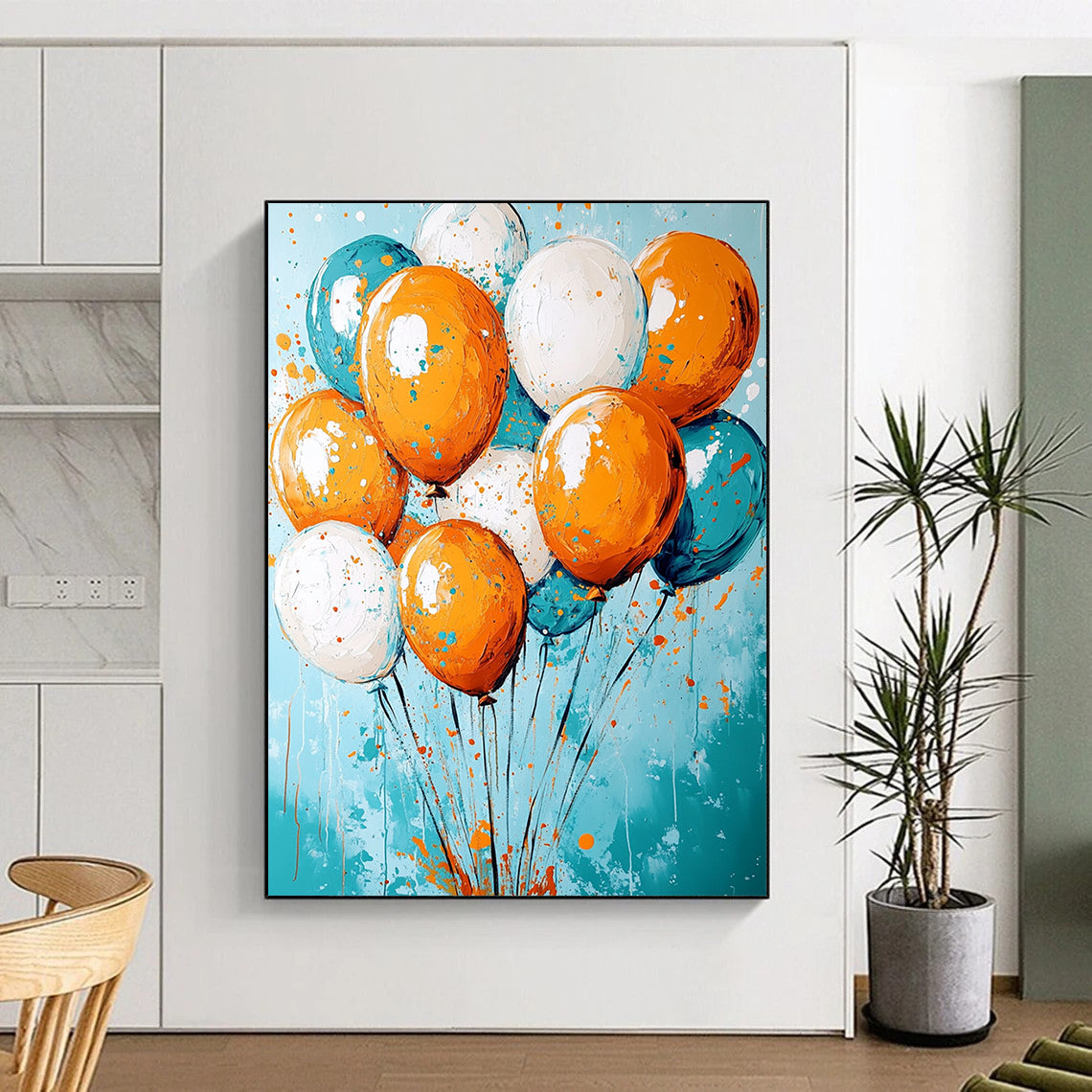 Contemporary abstract artwork featuring vibrant orange and teal colors, joyfully celebrating with floating balloons and dynamic paint splashes. DLZ0279