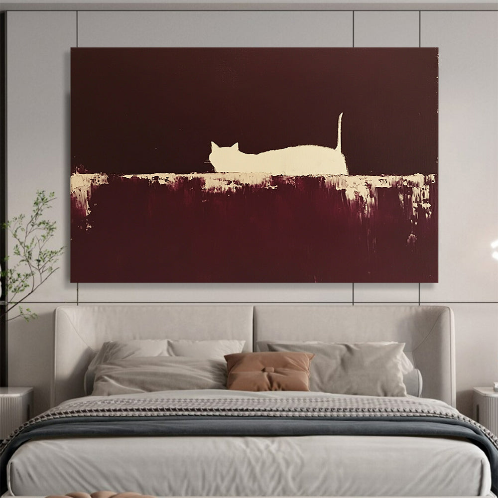 “Silhouette Cat in Brown” - Brown, White, Minimalist Cat Silhouette Painting On Canvas HB0956