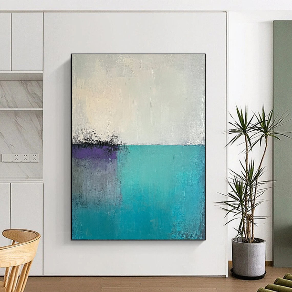 Contemporary abstract artwork features large brush strokes and palette knife textures in light teal gray and greenish-blue with a foggy minimalist landscape and pale purple sky. DLZ0627