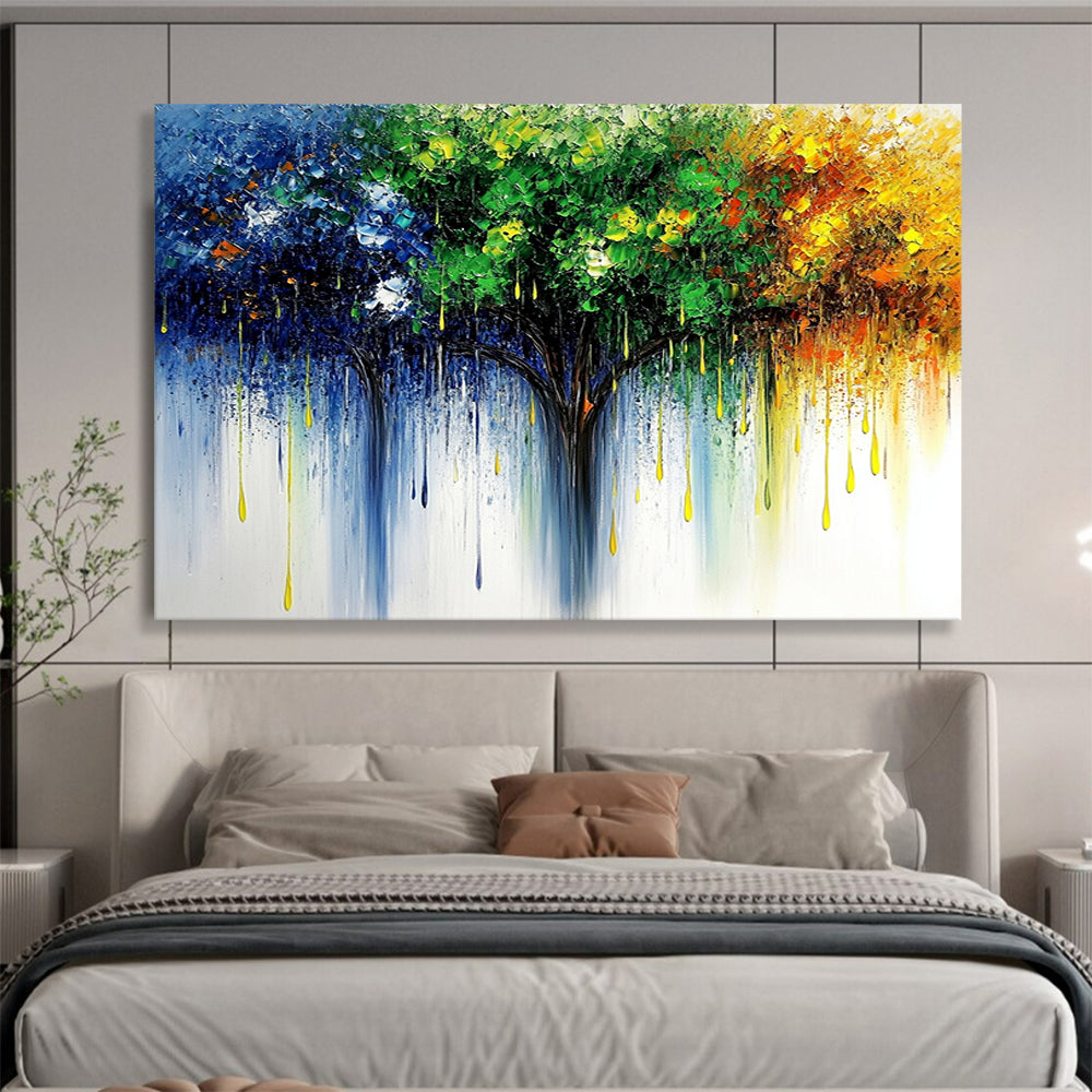 “Colorful Dripping Tree” - Blue, Green, Yellow, Orange - Impasto Dripping Tree - Oil Painting HB1329