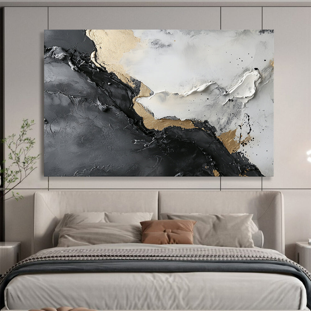 Textured Gray, Black, and Gold Abstract - Luxe Impasto Painting On Canvas HB0494