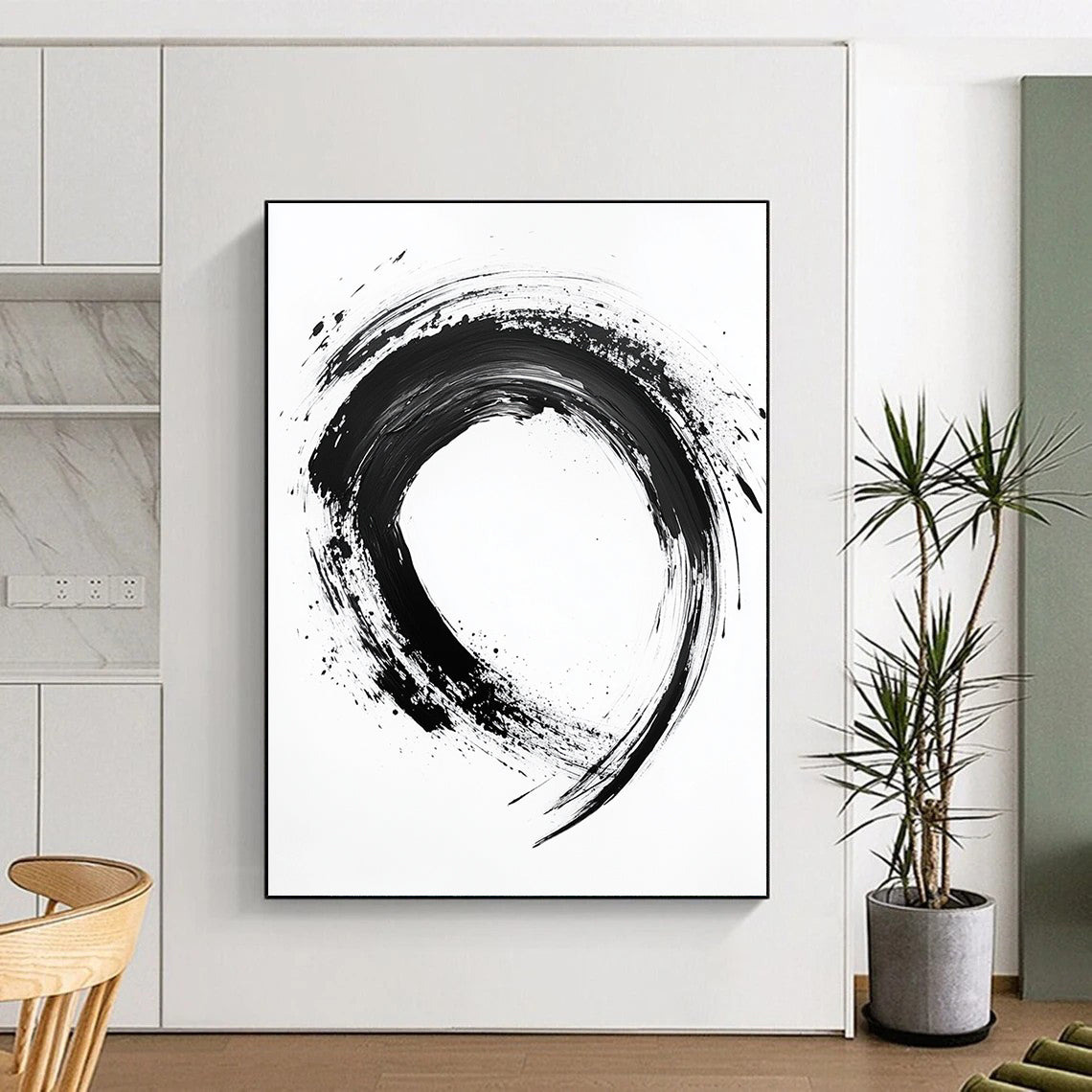 Black Textured Circular Ink - “Smooth Enso Flow” Painting On Canvas HB233