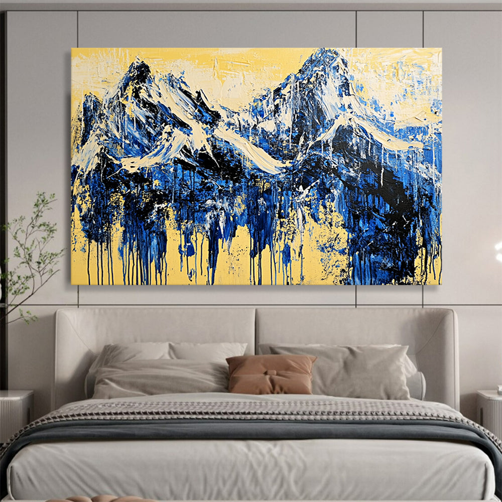 “Mountain Streams of Blue and Yellow” - Blue, yellow; Abstract mountain peaks; Drip - style Acrylic Painting On Canvas HB1187