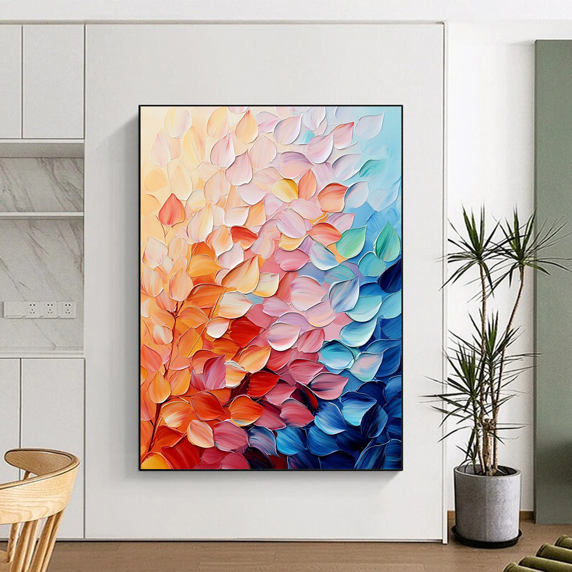 Contemporary abstract painting featuring colorful leaves in soft hues with vibrant palette knife texture for a puffy shiny effect on canvas. DLZ0616