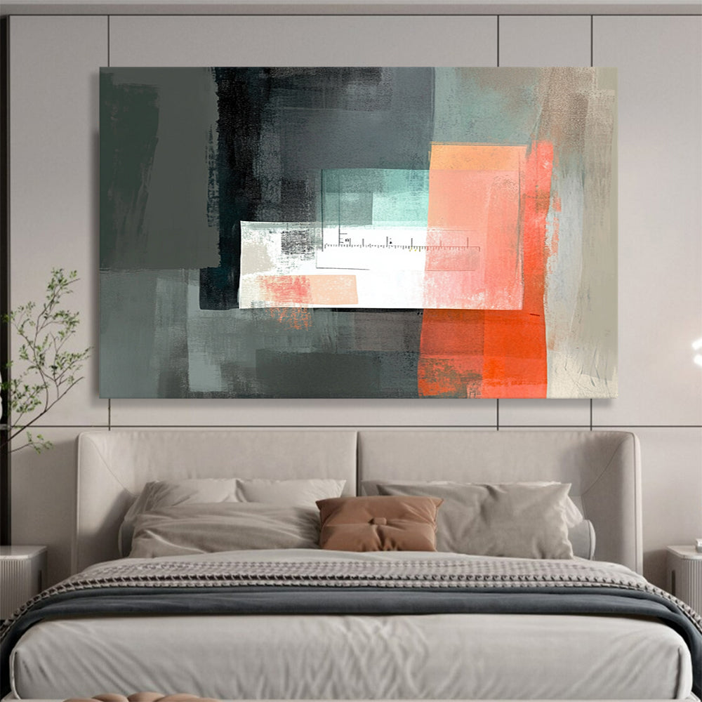“Abstract Geometric with Ruler” - Gray, Coral, Teal, Geometric Shapes with Ruler Painting On Canvas HB0861