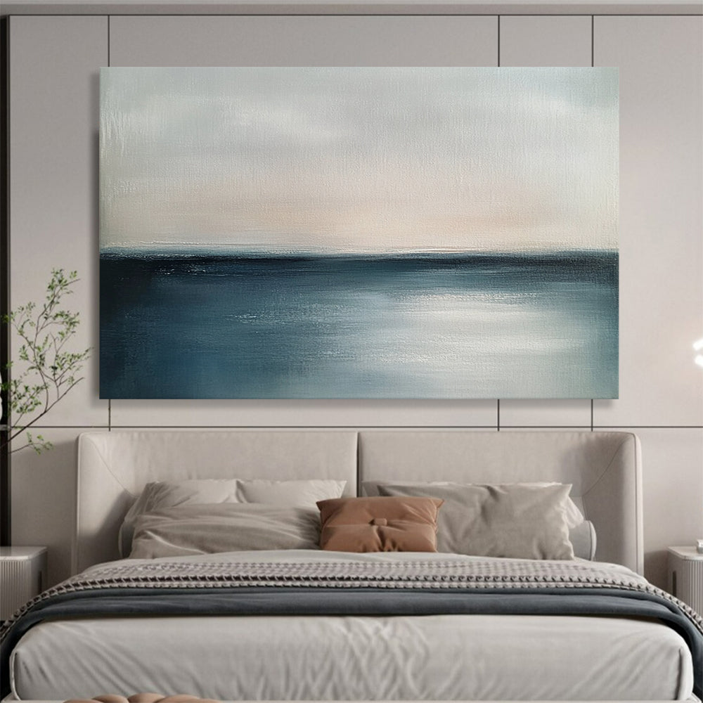 “Serene Horizon” - Soft Gray and Deep Blue, Calm Sea and Sky Painting On Canvas HB0906