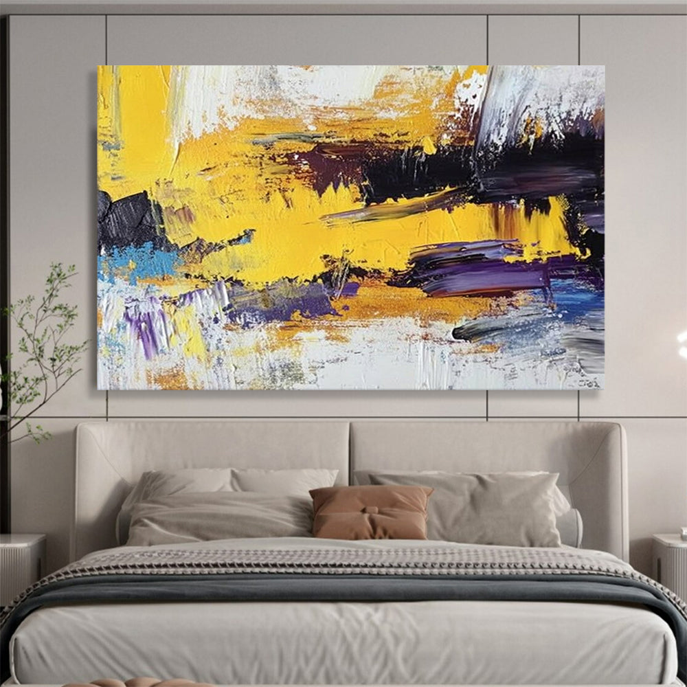 Yellow, Purple, Blue and White Abstract Splashes "Vibrant Energy" Painting On Canvas HB0406